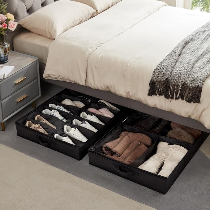 Lifewit Under Bed Shoe Storage Organizer 1 Pack(16 Shoes Cells+4 Boots Cells), 4.3 Inches Profile Fabric Shoes Container Box with Clear Cover, Foldable Storage Bag with 2 Handles, Fits 12 to 20 Pairs