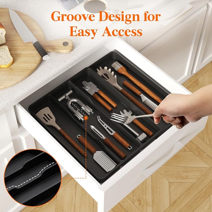 Lifewit Utensil Organizer for Kitchen Drawer, Expandable Cooking Silverware Tray, Adjustable Cutlery Flatware Holder, Plastic Spatula Tools Storage Divider, 17.3 x 15.8", Black