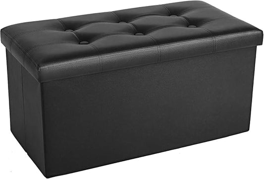 COSYLAND Ottoman Bench with Storage - 30x15x15in Folding Leather Ottoman, Rectangle Foot Stool Foldable Storage Chest Footrest Footstool Collapsible with Lid for Bedroom Living Room Pure Black