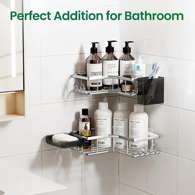 Adhesive Shower Caddy, 4 Pack Corner Bath Organizer, Rustproof Stainless Steel Shower Shelves with Large Capacity, No Drilling Shelves for Bathroom Storage, Home, Kitchen Decor (Silver).