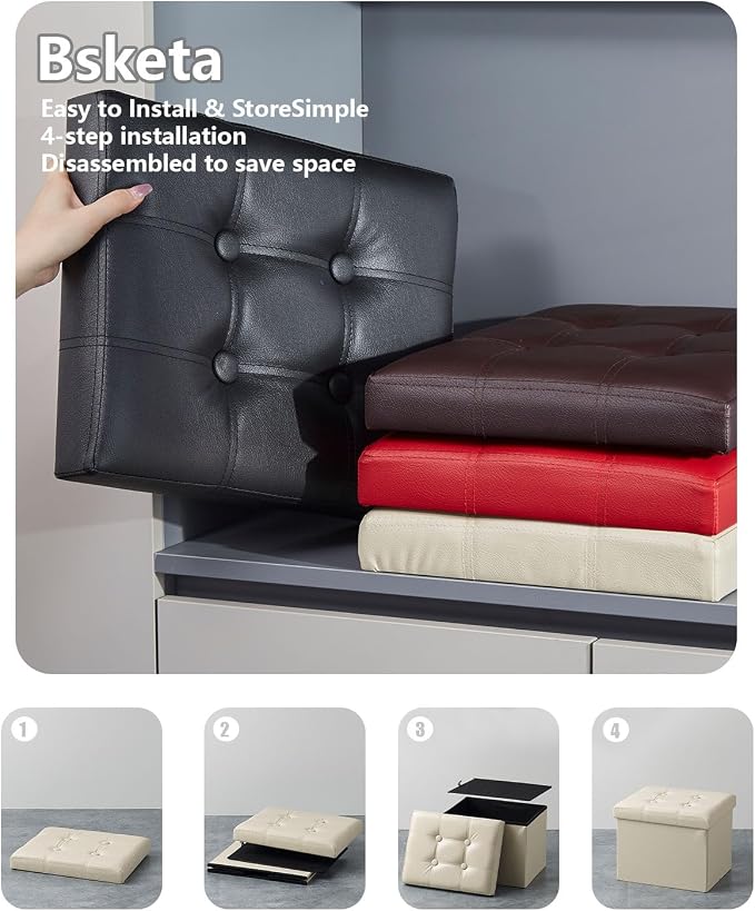 Bsketa Storage Ottoman, Folding Foot Stool with Thicker Foam Padded Seat Small Leather Storage Ottoman Bench Foot Rest for Living Room Foldable Coffee Table 17x13x13in,Beige | Ottoman with Storage, Thicker Foam Padded Seat, Living Room, Dorm, Bedroom, ...