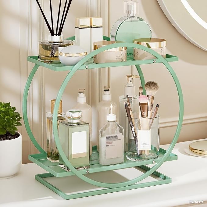 Perfume Organizer for Dresser, 2-Tier Bathroom Counter Organizer | Round Perfume Holder, Makeup Organizer for Vanity, Green Bathroom Organizer Countertop Shelf, Perfume Tray Skincare Storage