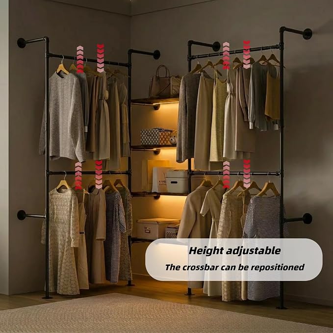 Industrial Pipe Clothing Rack with LED Lights& Shelves,Black | Heavy Duty Adjustable Garment Hanger with Shelves, 2 Installation Methods Closet Storage System for Wardrobe Organization