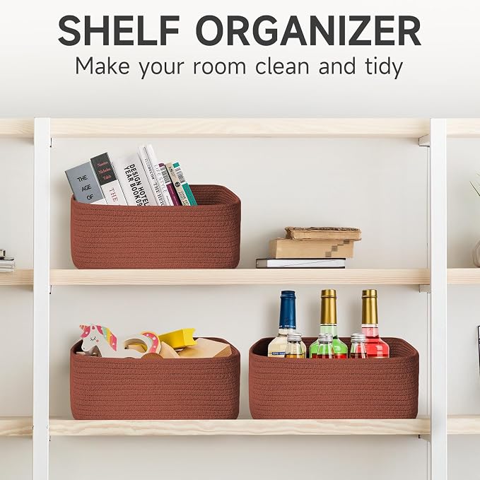 3-Pack Shelf Baskets for Organizing, Closet Organizer Bins, Small Woven Baskets, Rope Toy Basket, Storage Basket for Shelves, Cube Decorative Box, 11.8×7.8×5.1”, Oxide Red