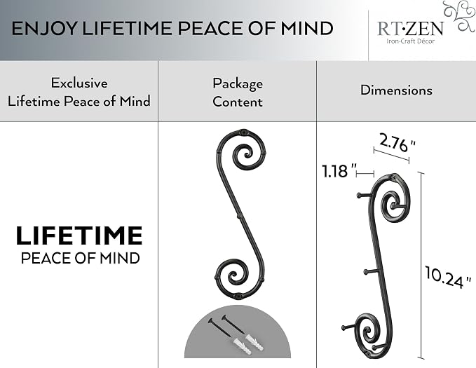 RTZEN Farmhouse Small Key Holder for Wall, Wrought Iron Wall Mount Rack | Handcrafted Swirl Decorative, 5 Key Hooks for Home Entryway, Purse, Coat and Leash Holder or Organizer (Vertical Black)