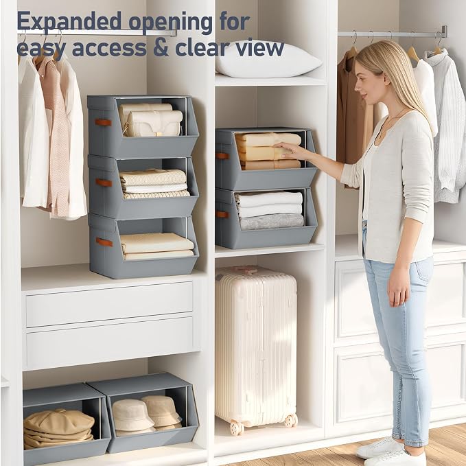Stackable Closet Organizers and Storage Bins, Open Front Closet Shelf Organizer System With Steel Frame, Clothes Storage Basket Fabric, Collapsible Closet Drawers for Wardrobe, Nursery ,Toy, 4 Pack