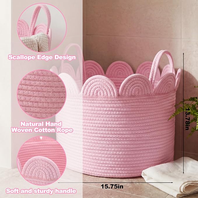 LemonRoad Pink Round Basket Large Blanket Basket 16'' x 14'' Scalloped Woven Baskets Cotton Storage Baskets for Nursery Classroom Closet Blankets Storage Home Decor