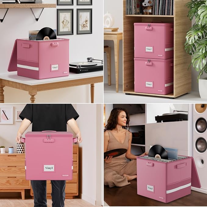 DocSafe Vinyl Record Storage Box with Lock, Fireproof＆Water Resistant Record Organizer for 100+ Single Records(12-inch), Collapsible Storage Crate with Lid&Handles for Valuable Album Collection,Pink