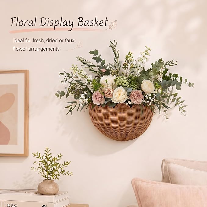 Wall Baskets Woven Scalloped Basket, 100% Handmade Natural Rattan Hanging Wall Basket Decor, Decorative Half Moon Wall Planter for Nursery, Bathroom, Living Room (2 Pack -Large & Small)