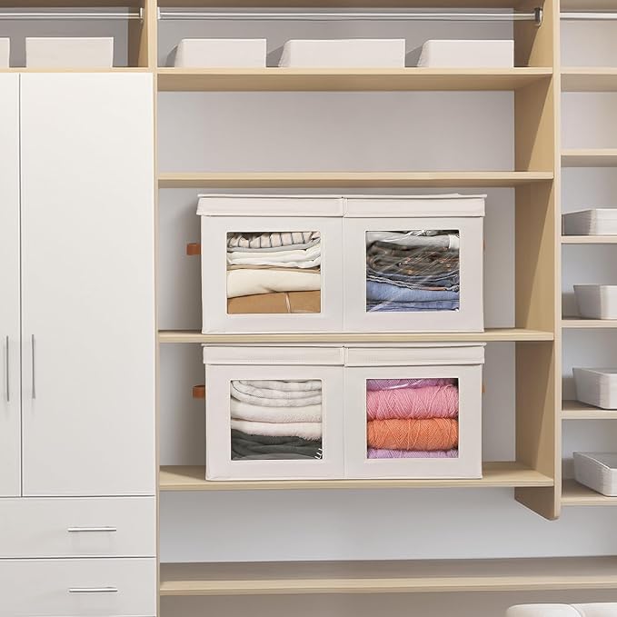 Univivi Large Storage Boxes with Lids, Collapsible Foldable Storage Bins for Clothes, [1-Pack] Fabric Storage Cubes with Handles, Closet Organizers for Home, Bedroom (Beige, 24” x 17” x 12") | 24 x 17 x 12 In Foldable Storage Boxes with Handles, Clear ...