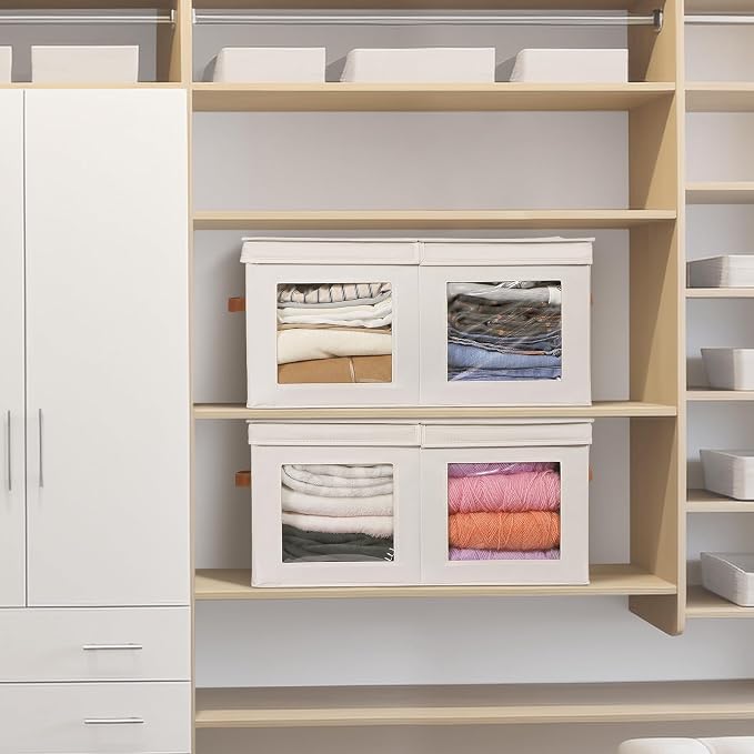 Univivi Large Storage Boxes with Lids, Collapsible Foldable Storage Bins for Clothes, [2-Pack] Fabric Storage Cubes with Handles, Closet Organizers for Home, Bedroom (Beige, 24” x 17” x 12") | 24 x 17 x 12 In Foldable Storage Boxes with Handles, Clear ...