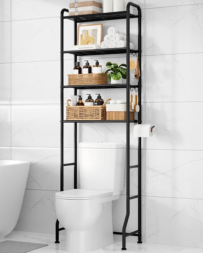 Kitsure Over Toilet Storage Rack, 74.2" H Space-Saving, Holder & Hooks | Bathroom, Laundry Room, Small Spaces, Families, Durable Metal, Black, 4 Tier