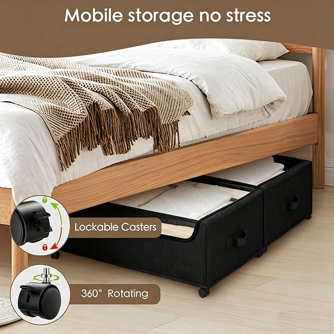 Under Bed Storage with Wheels, 4-Pack Under the Bed Storage Containers with Clear Lids & Label, Underbed Storage Bins, XXXL 85L 11 inches Rolling Metal Drawer for Clothes, Shoes, Toys, Books - Black