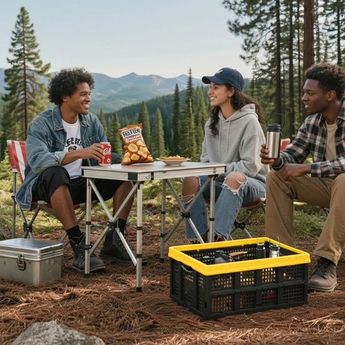 TOLRET 49L Collapsible Crate, Milk Crate for Storage, Foldable Storage Crate, Stackable Crate for Organizing for Home, Shopping, Camping, School, Office, Warehouse, Yellow