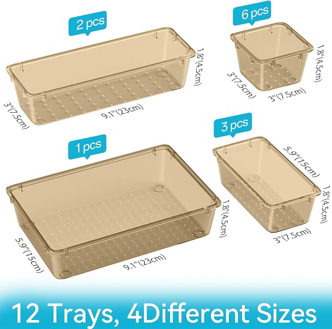 12 PCS Drawer Organizer Set, Makeup Organizers, Champagne | 4 Sizes, Plastic, Stackable, Multiple Gadgets, Desk Drawer Divider Organizers, for Makeup, Office Supplies Storage