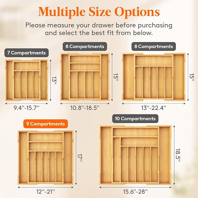 Lifewit Silverware Drawer Organizer, Wooden Utensil Tray for Kitchen | Expandable Flatware and Cutlery Holder, Adjustable Storage for Spoons Forks Knives, 12-21 x 17", Natural