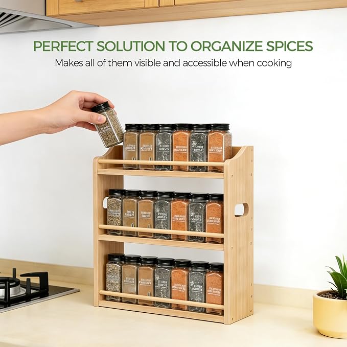 3 Tier Bamboo Spice Rack Organizer for Kitchen Countertop or Wall Mounting | Holds 48pcs 4oz Spice Jars, Handles for Easy Lifting, FSC-certified Bamboo