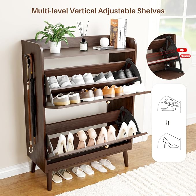 YZ HOME Shoe Storage Cabinet with 2 Flip Drawers | Entryway Shoe Cabinet, Metal Hooks & Adjustable Shelves, Freestanding Narrow Shoe Rack for Hallway Foyer, Brown