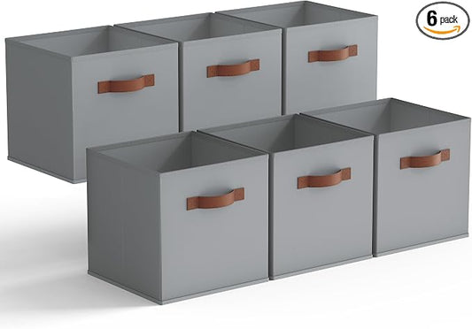 GRANNY SAYS 11 Inch Cube Storage Bins, 6 Pack Foldable Cube Storage Organizer, Fabric Storage Bins with PU Handle, Clothing Storage Baskets for Shelves, Closet, Grey, 6-Pack