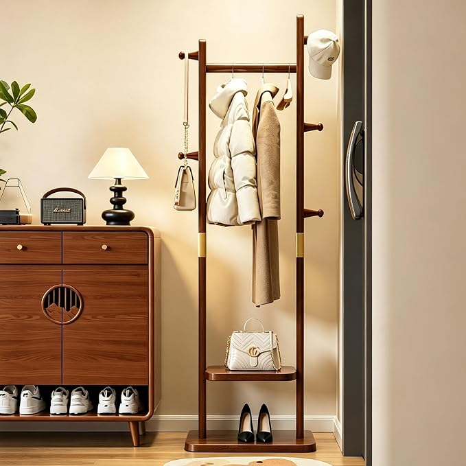 SOBIBO Clothes Rack Solid Wood Coat Rack with Shelves and Hooks – Garment Clothing Rack Coat Rack with Storage for Hallway, Bedroom, Living Room, 15.75 inch, Walnut