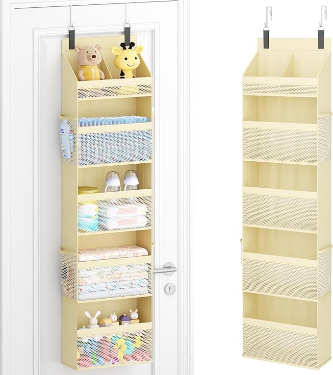Lifewit 5 Tier Over the Door Diaper Organizer for Nursery, Large Heavy Duty Hanging Storage with 4 Mesh Side Pockets, Sturdy Back of Door Shelf for Baby Stuff Toy in Pantry, Laundry, Bathroom, Beige