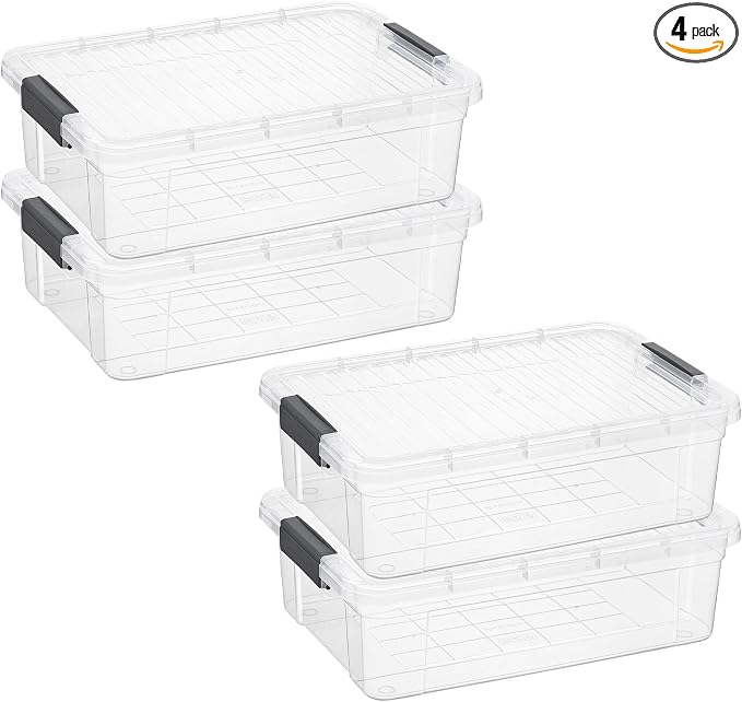 Superio Clear Storage Boxes with Lids, 13.7 Quart Plastic Container Bins for Organizing, Stackable Crates, BPA Free, Non Toxic, Odor Free, Organizers for Home, Office and Dorm, 4 Pack