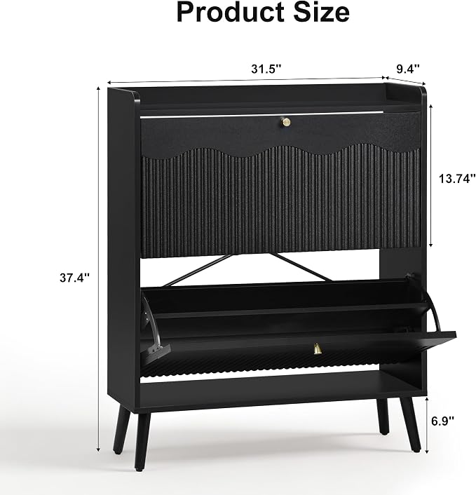 BERRYMERRY 31.5” Black Fluted Shoe Cabinet Storage with 2 Flip Drawers | narrow,entryway,adjustable feet,32 pairs shoe,shoe organize,hidden shoe rack,fluted panel,wave pattern,wood,space saving