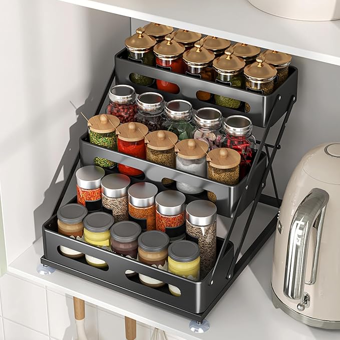 Ceetug 3 Tier Foldable Spice Rack, Black | Iron, For Countertop, Kitchen Seasoning Organizer, For Cabinet