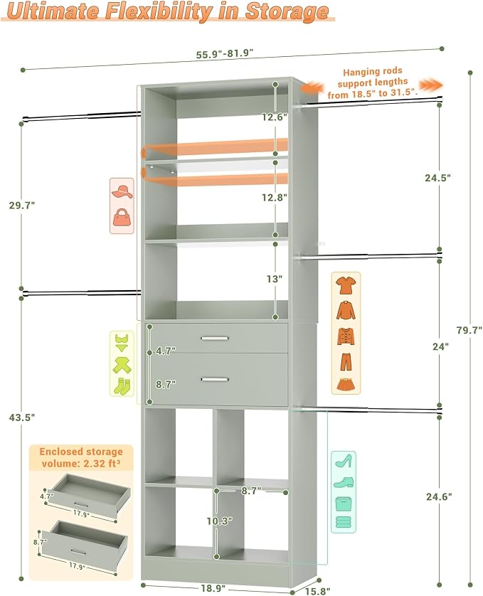 Small Closet System, 3.2-6.8FT Small Closet Organizer with 2 Wooden Drawers & 5 Hanging Rods, Can Fit 37.5 to 81.9 inch Walk-in Closet System, Built-in, Crab Green, Enclosed Storage Volume 2.32 ft³