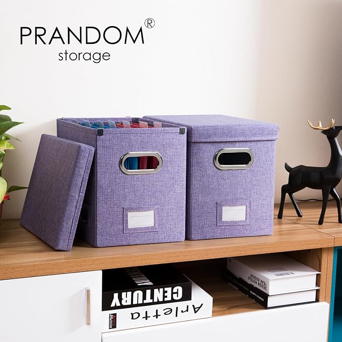 File Organizer Box - Set of 4 Collapsible Decorative Linen Filing Storage Hanging File Folders with Lids Office Cabinet Letter Size Purple (14x9.3x10.8 inch)