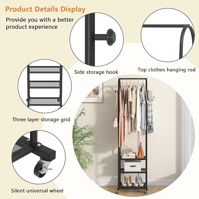 Kaitiemoo Clothing Rack, Mobile Garment Rack with Wheels & 3 Shelves, Blak | Heavy Duty Frame, Fits Small Spaces, 71.8 Inches Display Rack, Easy to install, Black clothes rack
