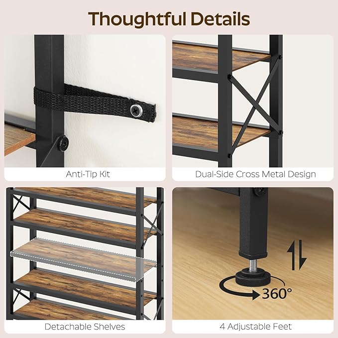 6-Tier Tall Shoe Rack Organizer, Wooden Shoe Storage for Closet Holds 24 Pairs, Sturdy Shoe Shelf with X-Shaped Metal Support, for Entryway, Bedroom, Rustic Brown and Black SS206BR