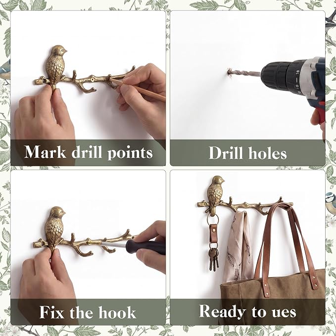 Hicarer Metal Bird Coat Hooks Antique Gold Bird Hangers and Key Holder Animal Theme Hooks for Entryway Bathroom Bedroom