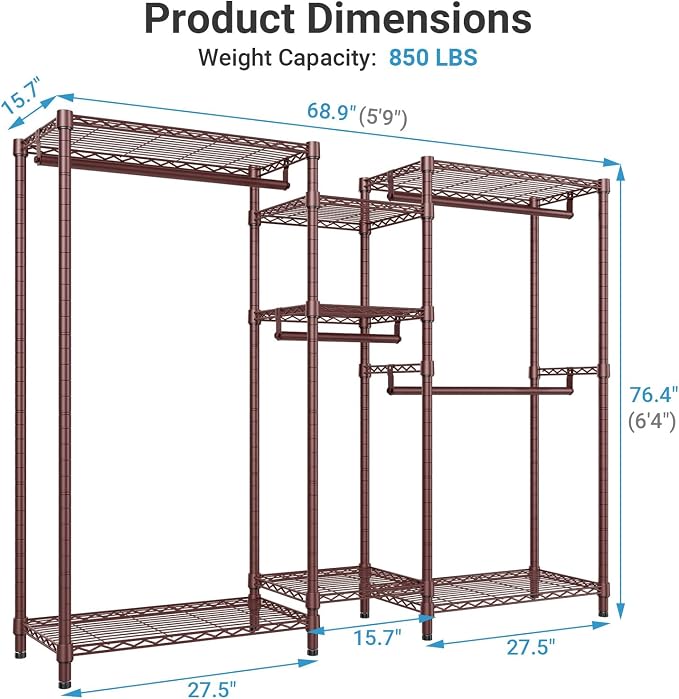VIPEK Classic V6 Wire Garment Rack, Dynamic Closet System Adjustable | Bronze Heavy Duty Metal Freestanding Clothing Rack 850lbs Capacity, 6FT Wide Closet Organizer System for Bedroom