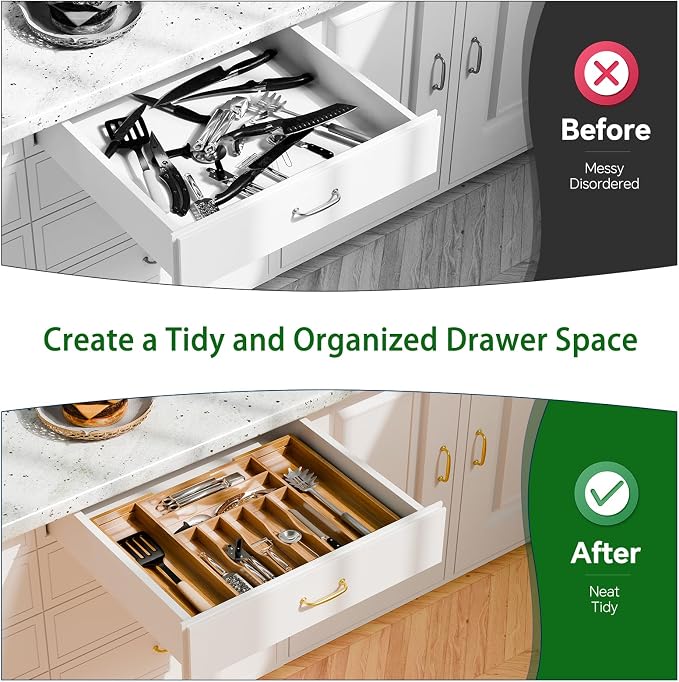Simple Trending Expandable Bamboo Kitchen Drawer Organizer, Natural | Adjustable Silverware Organizer with 9 Compartments, Practical Utensil Cutlery Tray for Flatware, Flexible Storage