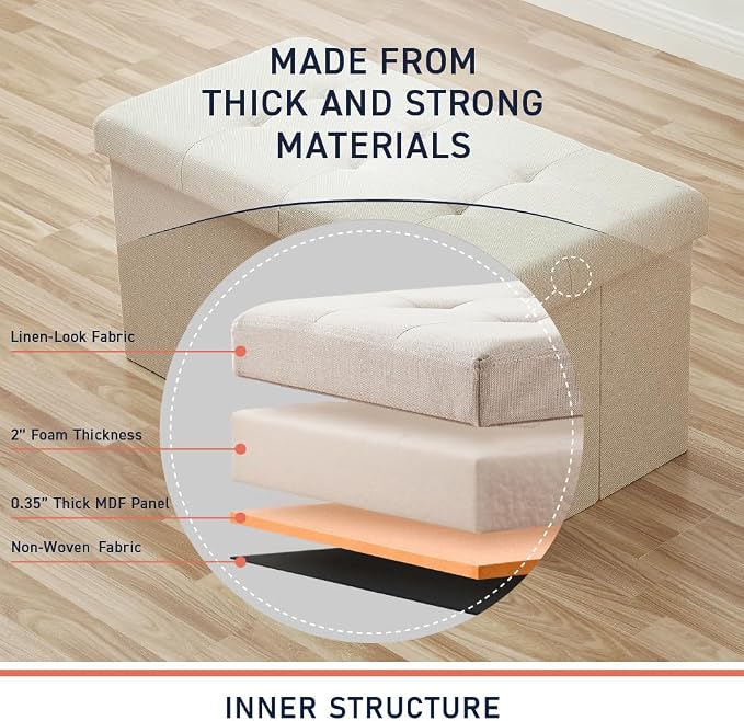 Ornavo Home 30 Inch Folding Storage Ottoman Bench, Tufted Linen, Beige | Upholstered Large Ottoman with Lid; Foot Rest Stool; Ideal for Bedroom, Living Room or Entryway