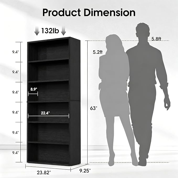 HealSmart 6 Tier Bookcase, Industrial 6 Book Shelf, 9.2" D x 23.8" W x 63" H Tall Open Cube Storage Organizer for Home Office, Living Room, Bedroom and Dinning Room, Black