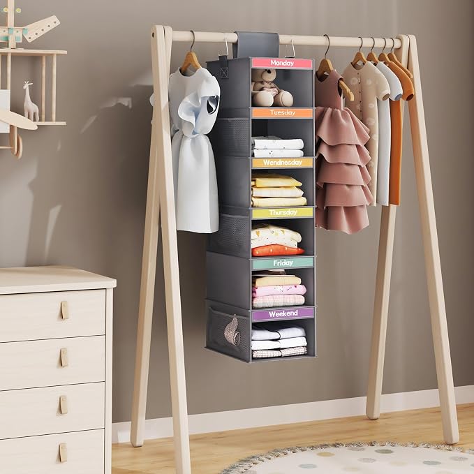 Fixwal Weekly Kids Clothes Organizer 2 Pack 6-Shelf Hanging Storage | Nonwoven Fabric, 6 Daily Shelves, 6 Mesh Side Pockets, 2 Metal Hooks, Foldable Design, for Kids Outfits and Accessories