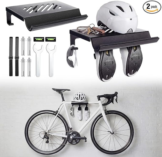 2 Pack Bike Wall Mount Rack Horizontal Indoor Bike Storage Garage Heavy Duty Bicycle Rack Wall Mount Hanger with Shelf and Hooks Store Helmet and Shoes, 110 Lbs Fit Crank Bicycle, 16" Stud