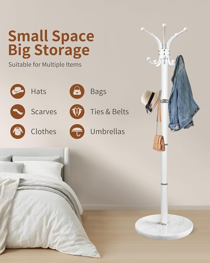 Snaikor Metal Coat Rack Stand with Natural Marble Base, Modern Coat Rack Freestanding, 360°Rotary Coat Racks with 14 Hooks, Heavy Duty Coat Hall Tree Hanger Stand for Entryway, Office