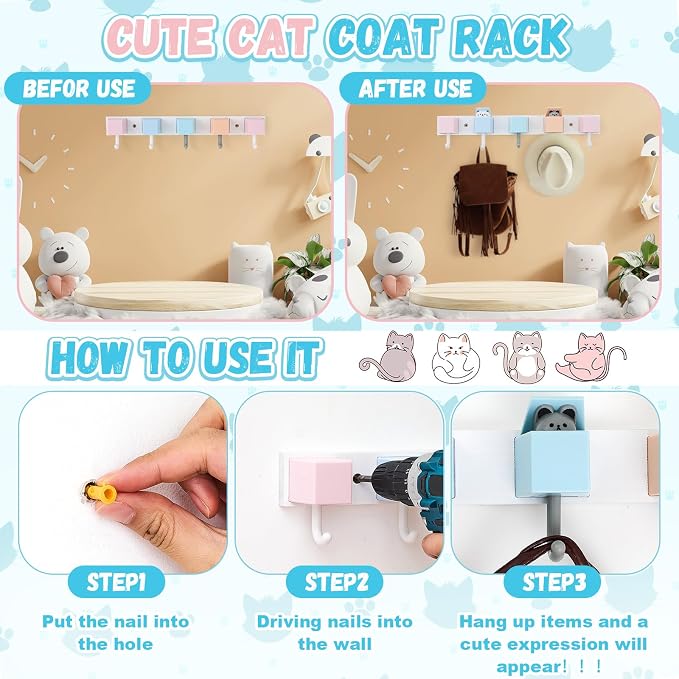 Maitys 2 Pcs Kids Coat Rack Wall Mount Kids Wall Hooks Rainbow Coat Rack Hooks for Boys Girls Toddler Cute Bathroom Decor Colorful Backpack Hanger Supplies for Clothes Hat Towel in Bedroom (Cat)