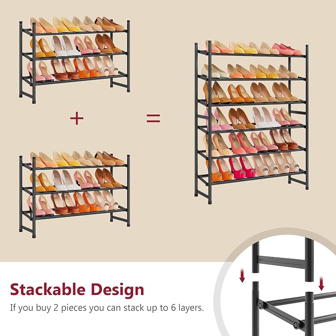 Expandable Shoe Rack for Closet 3 Tier, 28“-41“Stackable, Black | Adjustable Shoe Organizer Closet Shoe Rack Floor, Metal Shoe Shelf Storage for Entryway, Closet, Garage, Front Door Entrance