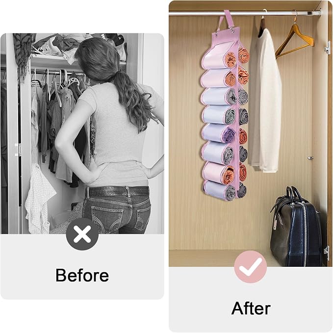 DHSFKBE Legging Organizer Storage, T Shirt Organizer, Foldable Hanging Closet Organizer Storage with 16 Roll Independent Compartments for Yoga Pants, Tank Top, Towel, Underwear (Pink)