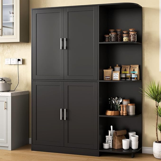Kitchen Pantry Storage Cabinet, 64" Tall Freestanding Cupboard with Doors & Adjustable Shelves, Food Pantry Cabinet with 5-Tier External Shelf for Dining Room (Black)