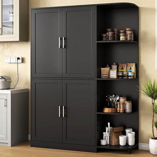 Kitchen Pantry Storage Cabinet, 64" Tall Freestanding Cupboard with Doors & Adjustable Shelves, Food Pantry Cabinet with 5-Tier External Shelf for Dining Room (Black)