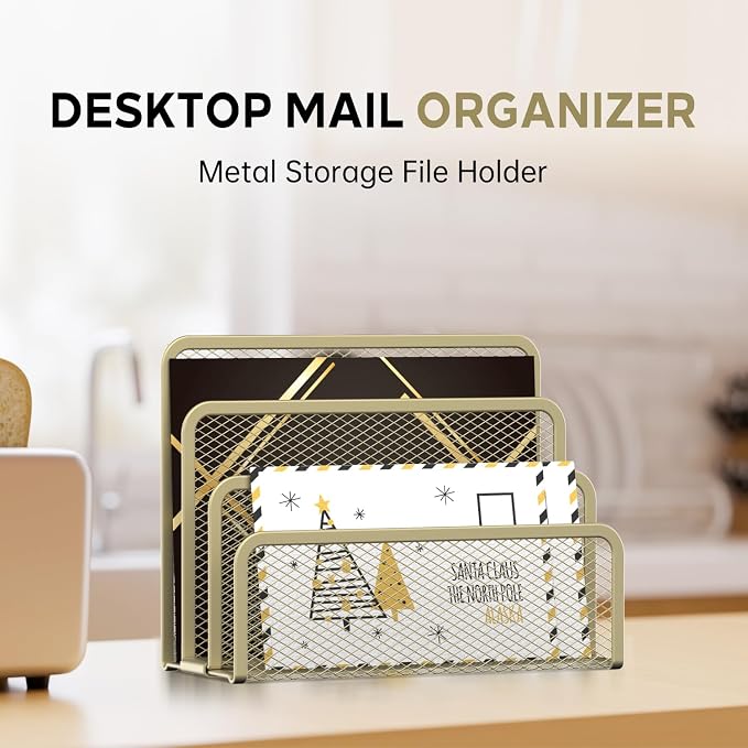 Mail Organizer Countertop for Desk, Mail File Holder with 3-Slot, Yellow | Metal Mesh Mail Sorter for Letters, Envelopes, Bills, and Files for Home Offices, Classroom Organization