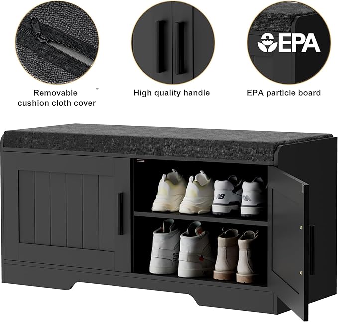 Homleke Shoe Storage Bench, 2 Doors & Thickened Padded Seat Cushion | 2-Tier Shoe Bench, Entryway Bench, Adjustable Shelf, 13.8" D x 37.4" W x 18.5" H, for Living Room, Bedroom, Black