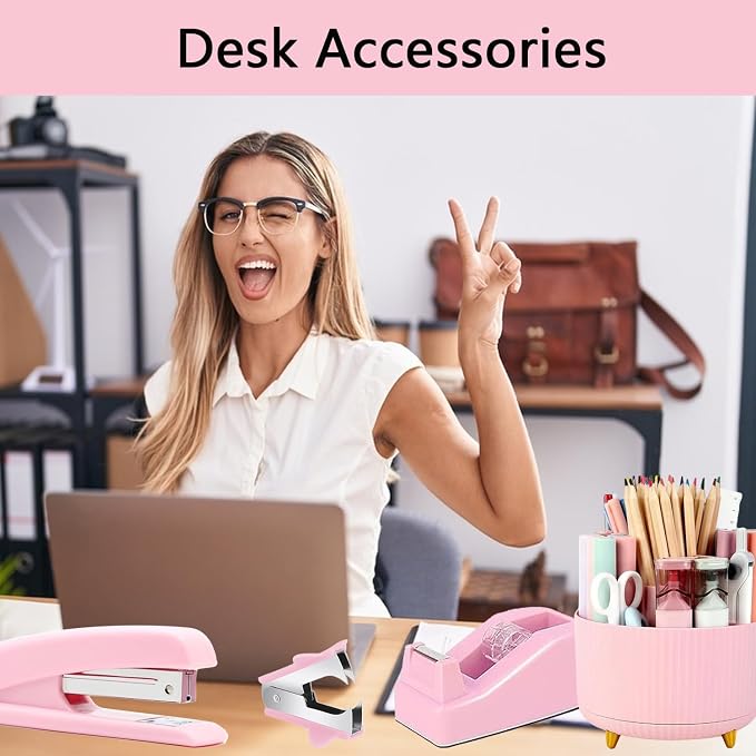 Office Supplies,Pink Desk Accessories,Office Supplies Set,Desk Organizer,Stapler,Tape Dispenser,Scissors,Staple Remover,Binder Clips,Staples,Ballpoint Pen,Index Tabs with Ruler,Clear Tape.10pcs