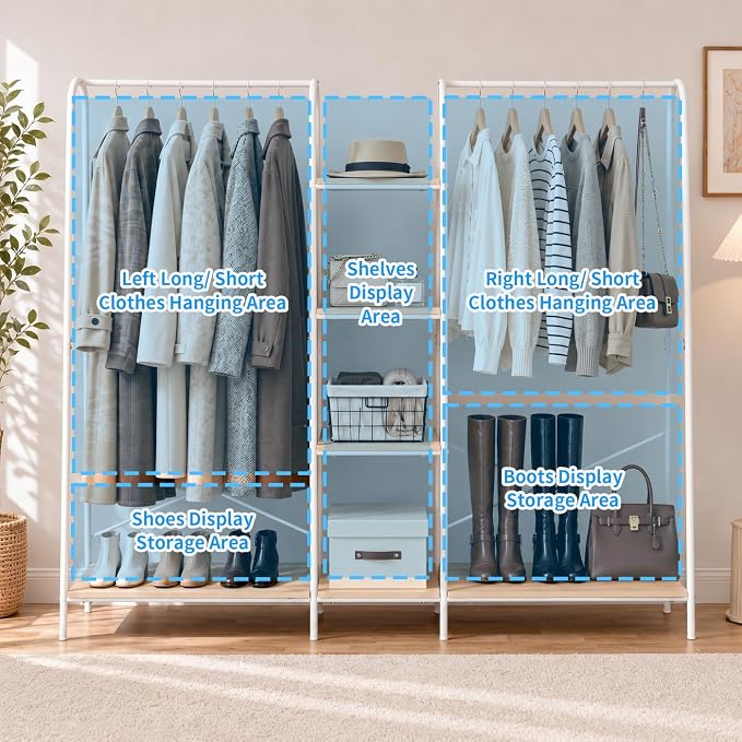 Finnhomy Clothes Rack for Hanging Clothes Freestanding Clothing Rack with 6 Wood Storage Shelves & 2 Rods Heavy Duty Garment Rack Portable Wardrobe Closet Organizer for Bedroom Closet Boutique,White