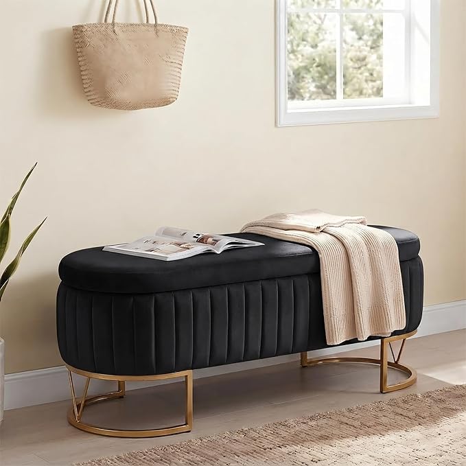 46" Storage Ottoman Bench, Velvet Oval End of Bed Bench Black | Easy 1-Min Assembly, High-Resilience Foam, Large Hidden Storage, Sturdy Gold Metal Legs